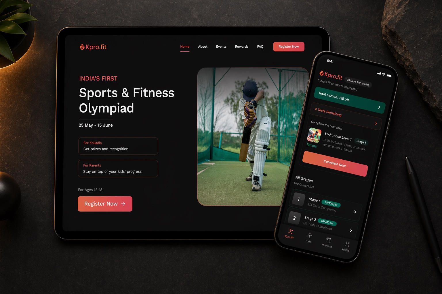 Khiladipro landing page and mobile app screens